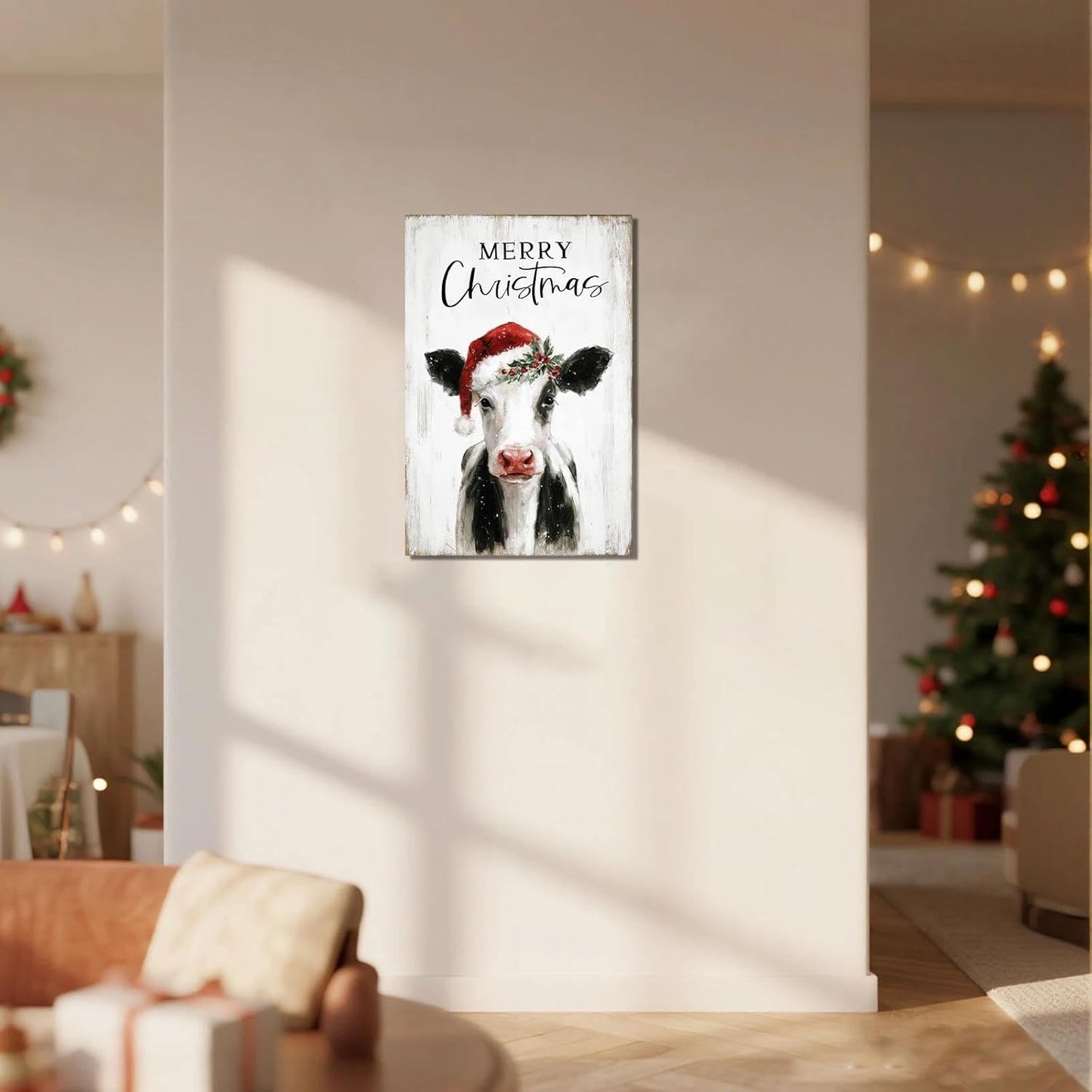 Christmas Cow Canvas Wall Art – Framed Farmhouse Decor for Xmas, Ready to Hang Print Holiday Gifts for Bedroom & Living Room Indoor 24x35 Inch