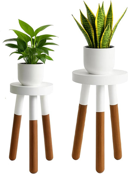 Reverse Dipped Wood Plant Stand, Wood Accent Stool,Milking Stool Set (16" H x 12" D+18" H x 12" D)