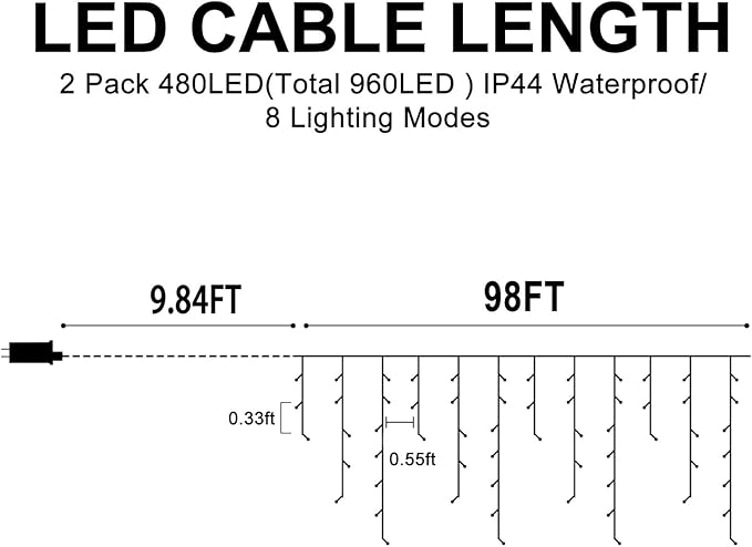 Christmas Lights Outdoor, 2 Pack Total 98FT 960 LED Ice Lights for Outside with 180 Drops Clear Wire 8 Modes Timer, Plug in Waterproof for Holiday Eaves Yard Roof Party Christmas Decor (Warm White)
