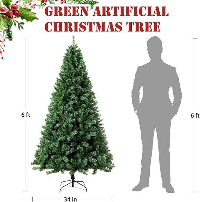 6FT Premium Christmas Tree, Large Spruce Artificial Holiday Xmas Tree with 1,000 PVC Branch Tips for Home, Office, Party Decoration, Metal Hinges & Foldable Base, Easy Assembly,Green