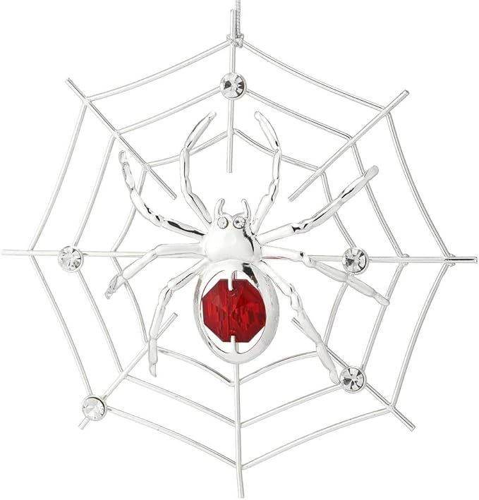 Matashi Silver Plated Christmas Tree Spider Ornament w Red, Clear Crystals Lucky Hanging Decoration, Holiday Ornament Gift, Unique Spider Decor for Christmas & Halloween Party w Tinsel Legend Story