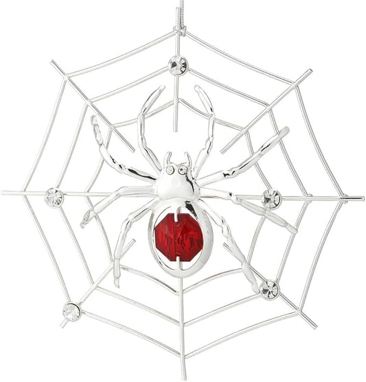 Matashi Silver Plated Christmas Tree Spider Ornament w Red, Clear Crystals Lucky Hanging Decoration, Holiday Ornament Gift, Unique Spider Decor for Christmas & Halloween Party w Tinsel Legend Story