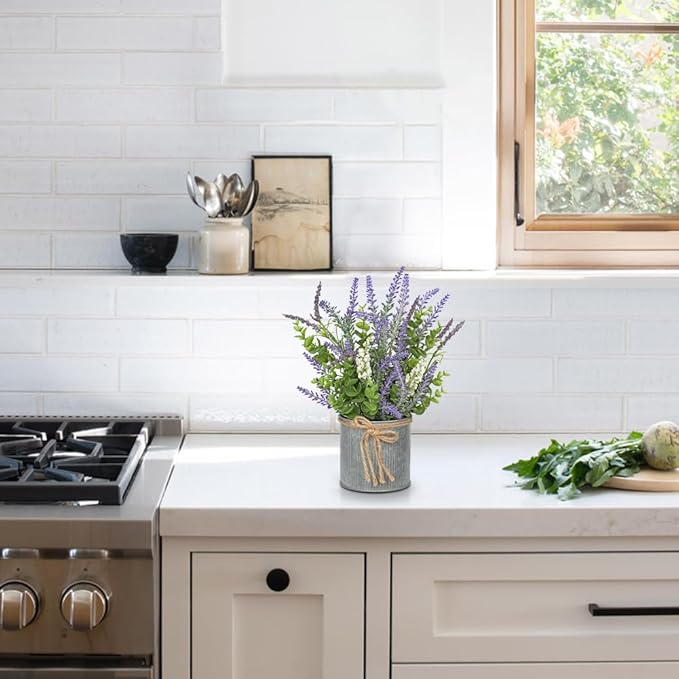 DILATATA Rustic Lavender Flowers Artificial Lavender Decor Fake Lavender Plant in Metal Pot Faux Plants in Pots for Home Bathroom Table Centerpieces Wedding Decor Potted Lavender Flower Purple Decor