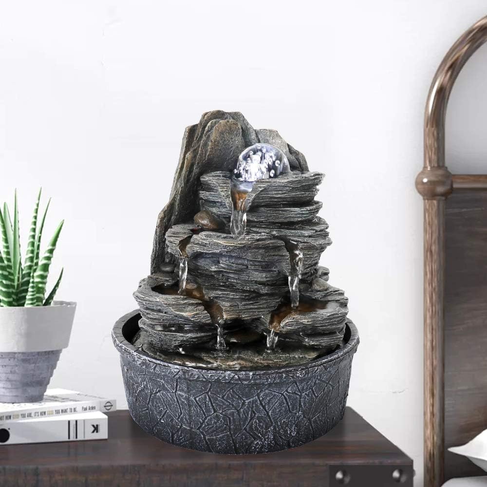 Rockery Indoor Water Fountain, Zen Meditation Tabletop Fountain with LED Lights & Crystal Ball for Home Office Bedroom 9 4/5"