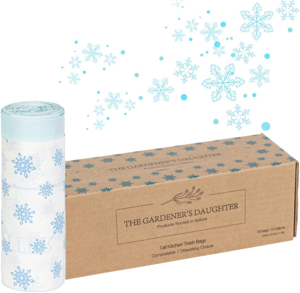 The Gardener's Daughter Compostable Trash Bags - 13 Gallon, 30 Count, Extra Strength, White, Drawstring Kitchen Waste Bag, BPI and TUV Certified, OK Home Compostable - (Winter’s Grace)