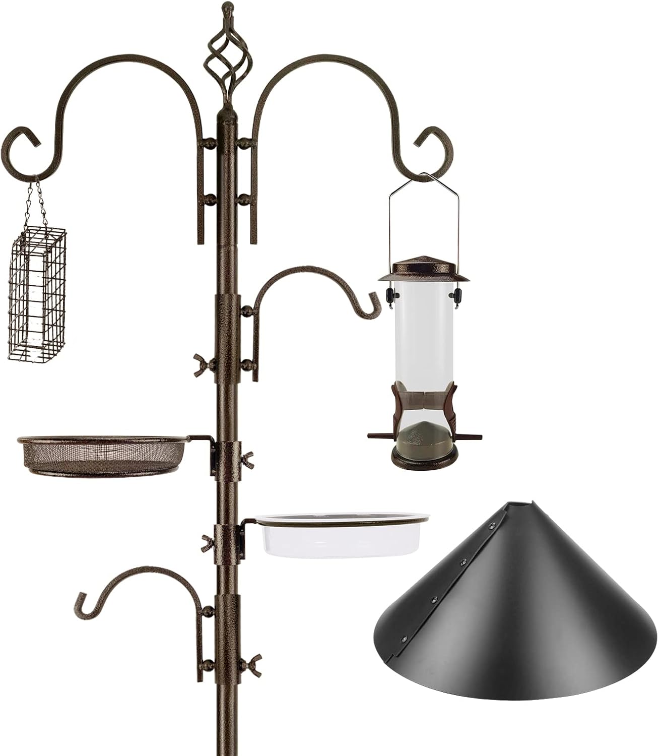 Bird Feeding Station Kit with Squirrel Baffle and Suet Cage Wild Bird Feeder Kit with Mesh Tray, Fruit Hook, and Double W Hook for Attracting Wild Birds