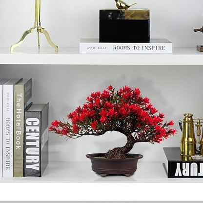 Artificial Bonsai Tree - Fake Plants for Home Decor, Bookshelf Coffee Table Office Desk Bathroom Farmhouse Indoor Decor, 9.5" Tall, Red