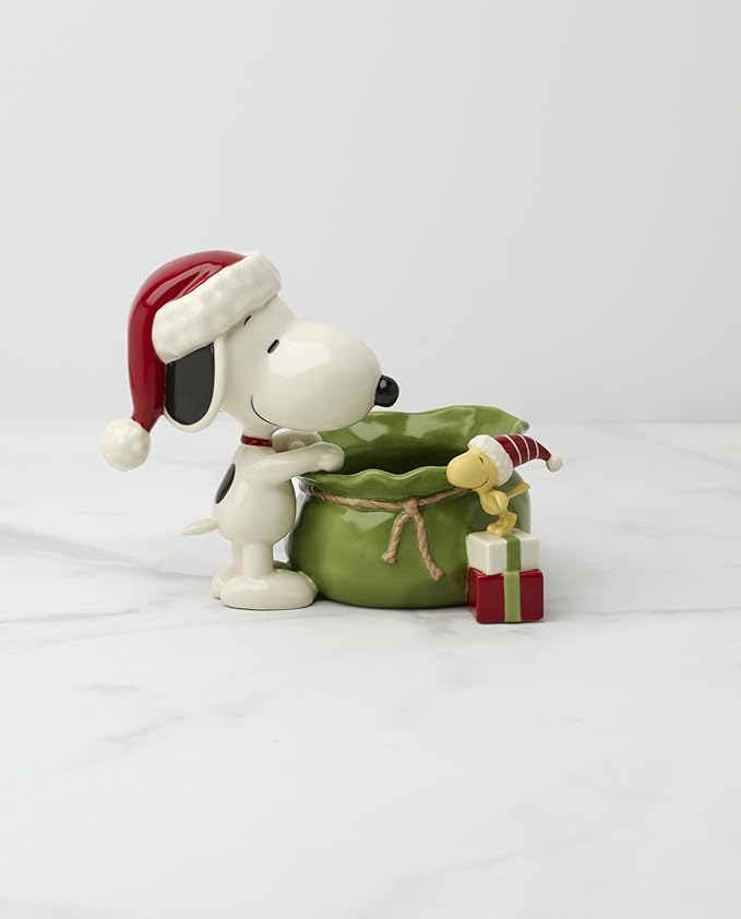 Lenox 897751 Snoopy Christmas Santa Sack Candy Bowl, Christmas Dishes, Festive Holiday Serveware
