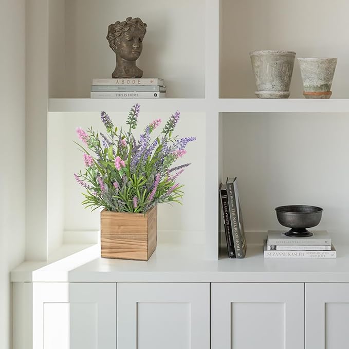 DILATATA Rustic Lavender Flowers Artificial Lavender Decor Fake Lavender Plant in Wooden Pot Faux Plants for Home Bathroom Table Centerpieces Wedding Decor Potted Lavender Flower Purple Decor