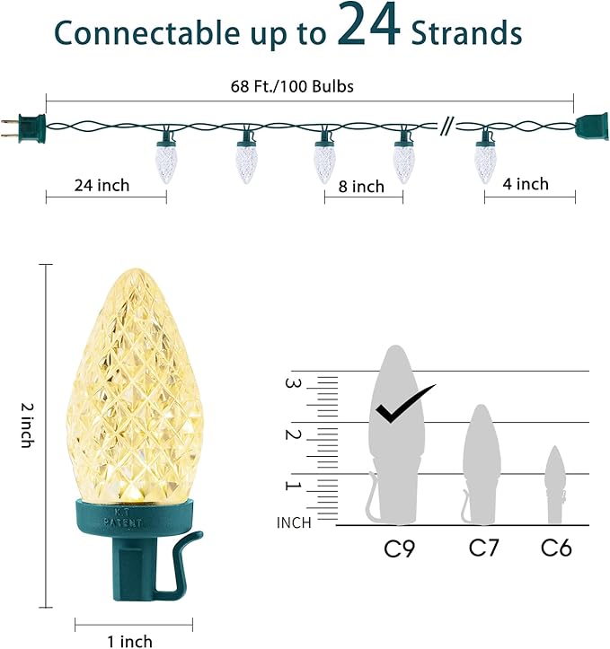 C9 LED Christmas Lights Outdoor, 68 Feet 100 LED Strawberry String Lights With 100 Spring Clamps, Waterproof Commercial Grade Extendable for Outside Roofline Patio Home Xmas Decoration, Warm White