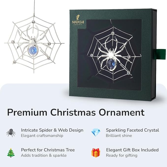 Matashi Silver Plated Christmas Tree Spider Ornament w Blue, Clear Crystals Lucky Hanging Decoration, Holiday Ornament Gift, Unique Spider Decor for Christmas & Halloween Party w Tinsel Legend Story