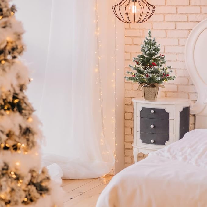 24 Inch 2 FT Pre-lit Snowy Mini Christmas Tree, DECSPAS Small Tabletop Flocked Christmas Tree with 20 LED Lights Red Berries Pine Cones and Cloth Bag Base Xmas Decorations for Holiday Party (Color B)