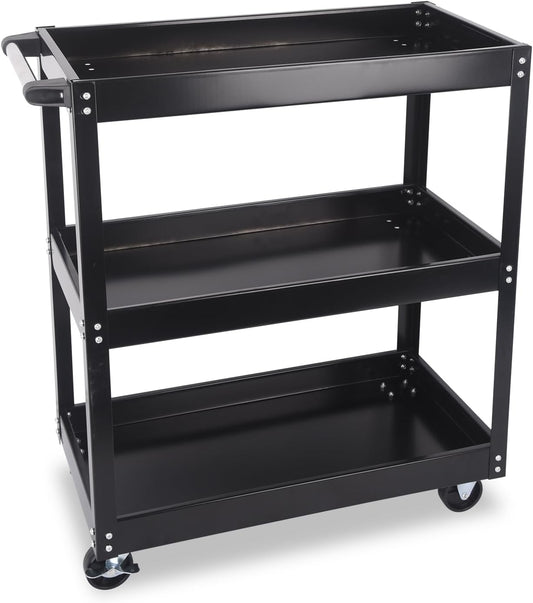 3-Tier Commercial Utility Cart, 3 Shelves Steel Service Tool Cart with Brake Wheels for Mechanics, 330lbs Heavy Duty Rolling Utility Carts Tub Storage Cart for Warehouse Office Garage, Black