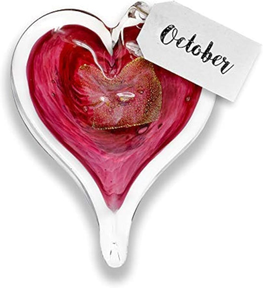 Luke Adams Glass Hanging Hearts – Hand Blown Glass Heart Ornament for Windows or Gifts – Colorful Blown Glass Hearts Decor (October -Pink Tourmaline)