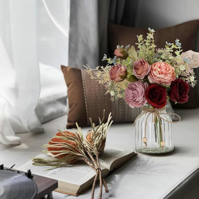 LESING Fake Artificial Flowers with Vase Faux Silk Flower Bouquet in Glass Vase Rose Floral Arrangements Flower for Home Office Decoration, Dining Table Centerpiece (Red)