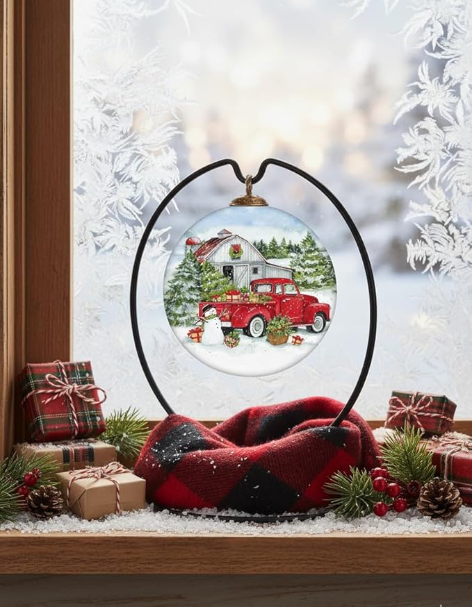 Red Truck Christmas Ornament with Gifts and Barn – Farmhouse Holiday Decor – Hand-Painted Glass Vintage Red Truck Ornament for Christmas Tree