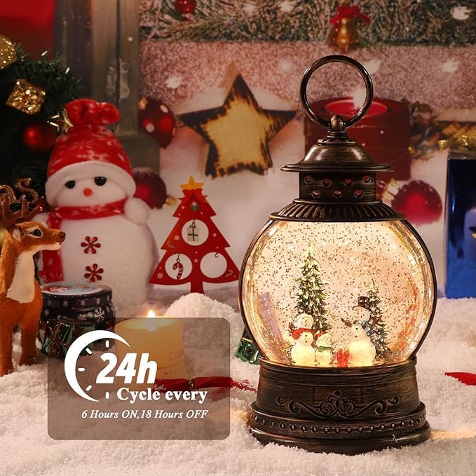 Christmas Snow Globes,Glitter Swirling Musical Box Christmass Snowman with 8 Songs & 6H Timer, Battery Operated & USB Powered Christmas Lanterns for Indoor Holiday Table Party Gifts