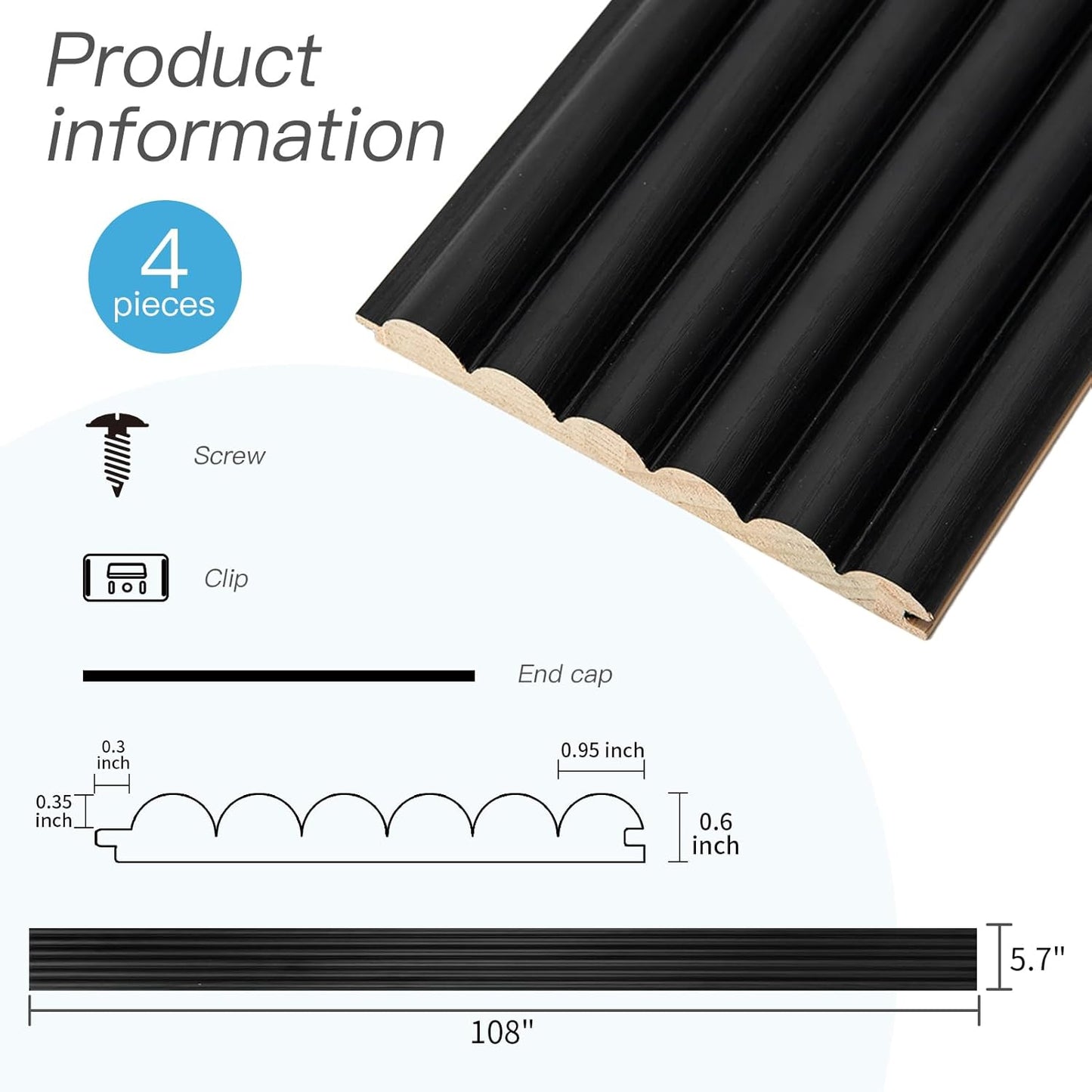 Art3d Fluted Wood Panel for Wall and Ceiling, Beaded Accent molding for Home Decoration, Pack of 4pcs + 1pc End-Trim, Size 108 x 5.7in.- Beaded Black