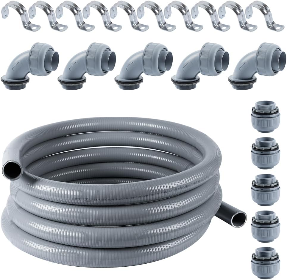 Liquid-Tight Conduit 1-1/4 inch 25ft, Electrical Conduit w/UL Certification, Flexible Conduit with 5 Straight and 5 90-Degree Conduit Connector Fittings Gray
