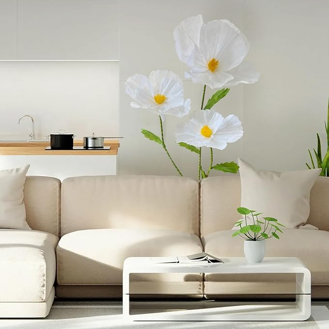 3Pcs Giant Artificial Flowers 3D Decorations Flower with Stand Base, Indoor Outdoor Art Home Decorative for Wedding Reception Arrangement Birthday Party Bridal Shower Baby Shower (White)