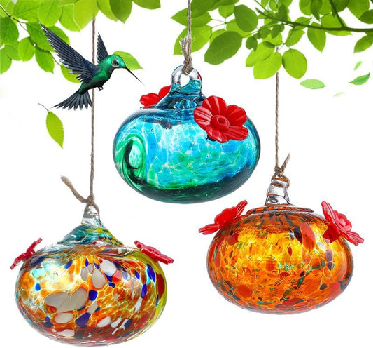 Set 3 Small Blown Glass Hummingbird Feeders for Outdoors Hanging with 2 Flower Feeding Ports Glass Humming Bird Feeders Garden Decor for Outside