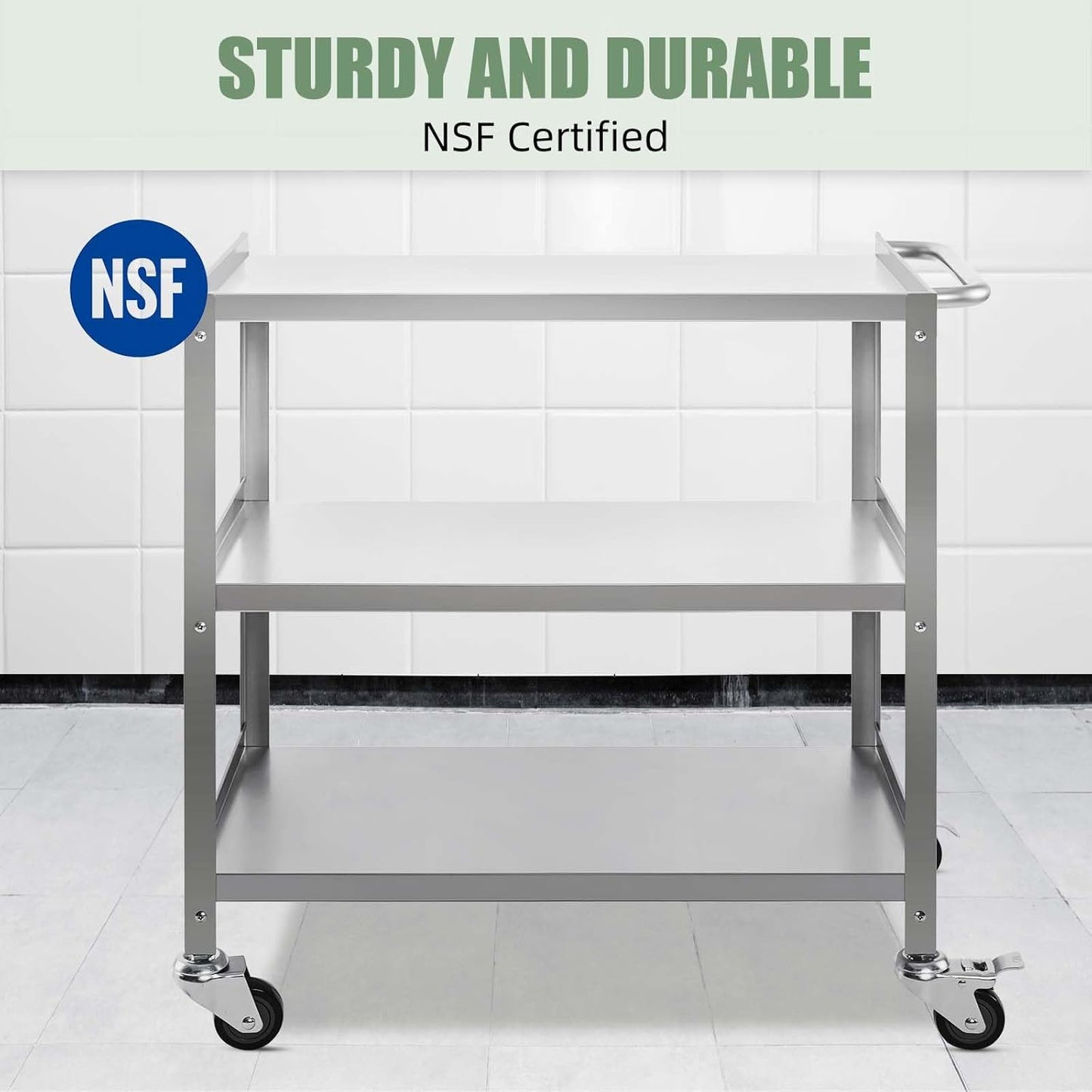 Hally Stainless Steel Utility Cart 3 Tier NSF Commercial Heavy Duty Metal Mobile Food Rolling Cart with Handle and Wheels for Kitchen, Restaurant, Hospital, Laboratory and Home, 31" L x 19" W x 34" H