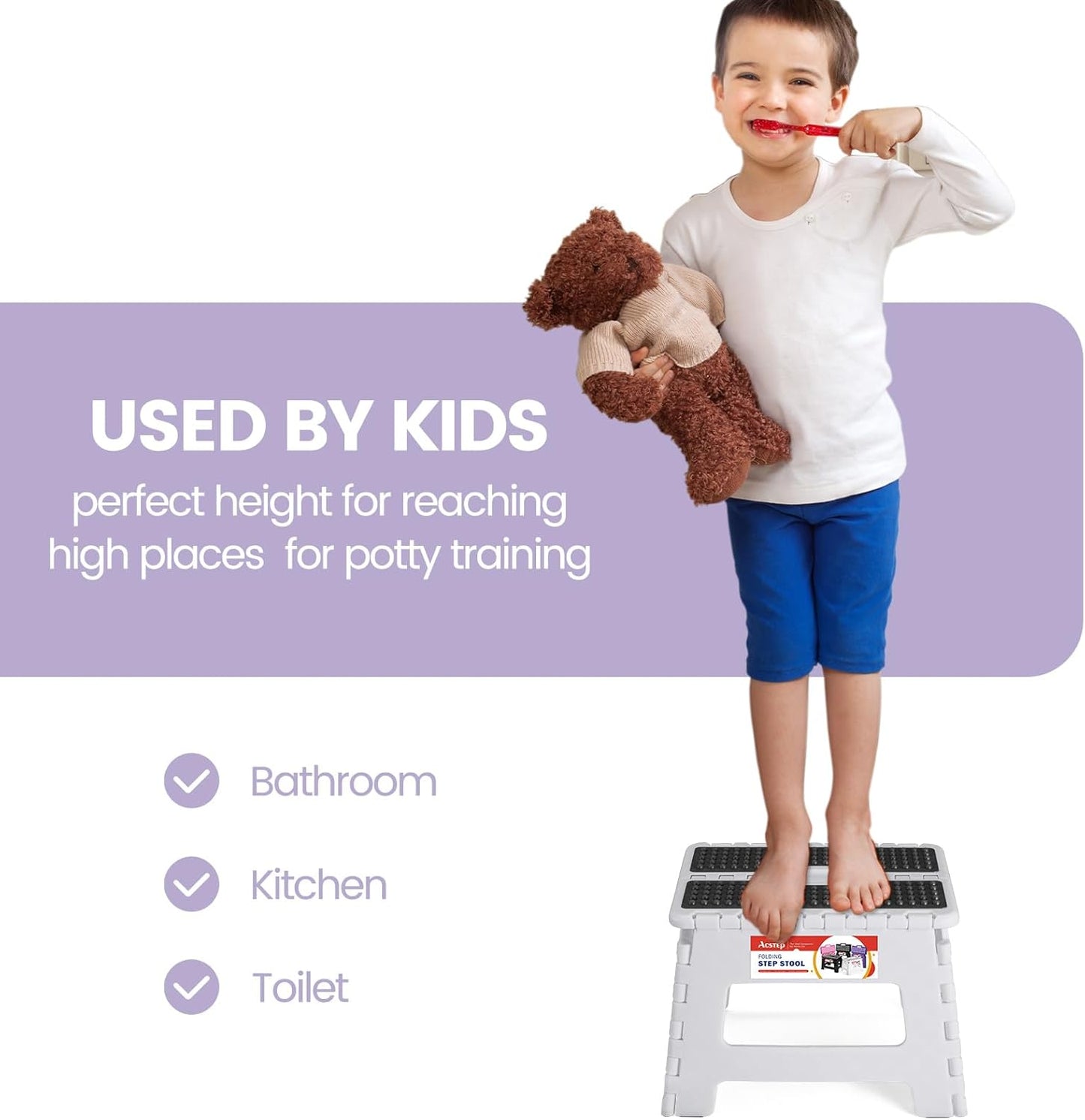 ACSTEP 9 Inch Folding Step Stool 300 LB Capacity Non Slip Foot Stool with Handle Plastic Foldable Step Stools for Kids Stepping Stool for Bathroom Black Small Step Stool (1 PC White)