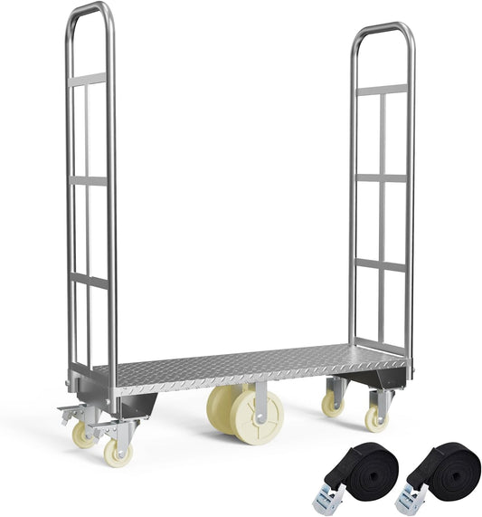U-Boat Platform Truck Cart, 16 x 48 Inch Narrow Aisle Flatbed Truck w/6PCS Wheel Caster 2000LBS Weight Capacity Heavy Duty Platform Dolly with Removable Handles for Warehouse, Storage Room