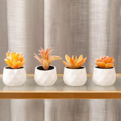 Tiita Artificial Faux Succulents in Pots, Mini Orange Fake Plants for Women Desk, Small Realistic Faux Succulents for Home Office Accessories Window Sill Bathroom Bedroom 4 Set, Orange