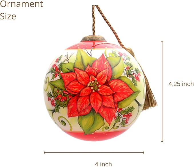 Poinsettia Ornament – Hand-Painted Glass Christmas Ornament – Classic Red Poinsettia Holiday Ball – Poinsettia Ornaments for Christmas Tree – Floral Christmas Decoration