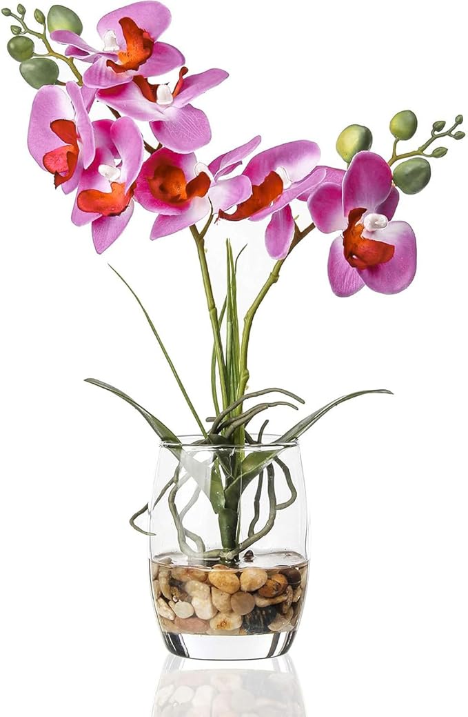 Jusdreen Artificial Purple Orchid in Glass Vase, Realistic Phalaenopsis Arrangement with Potting for Home Office Table Decor, 14.5 Inch Flower Centerpiece