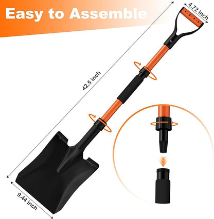 Snow Shovel, Heavy Duty 42'' Square Spade with Ergonomic D-Grip Handle, Extra-Wide Step & Fiberglass Shaft – Compact Winter Tool for Snow Removal, Car Emergency, Driveway & Sidewalk (Bright Orange)
