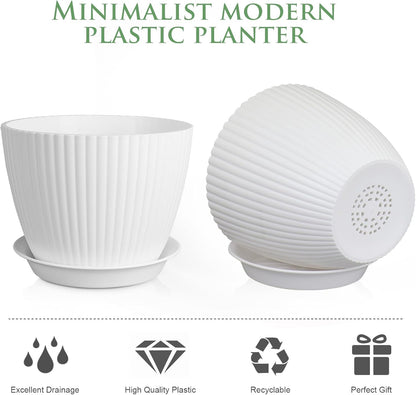 7/6.2/5.5/5/4.5/4 inch Plant Pots, 6 Pack Flower Pots for Small Indoor Outdoor Plants, Plastic Planters with Drainage Holes and Saucers for Garden Succulent House Plants, White