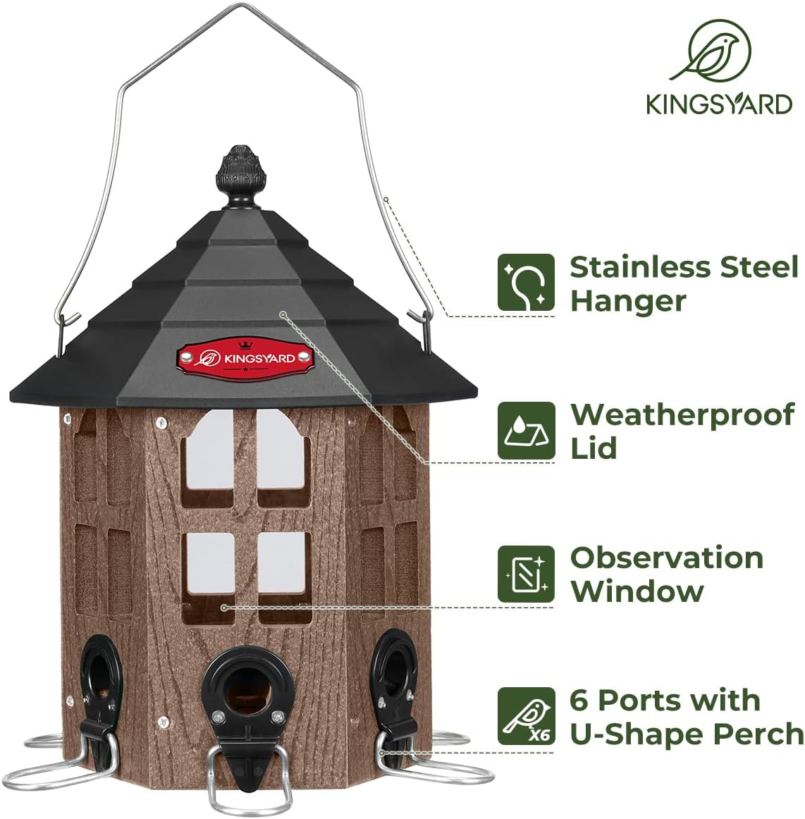 Kingsyard Wild Bird Feeder for Outdoor Hanging, Recycled Plastic Bird Feeders with 6 Ports & U-Shape Perch, Garden Yard Outside Decoration, 3.5 lbs Seed Capacity, Brown