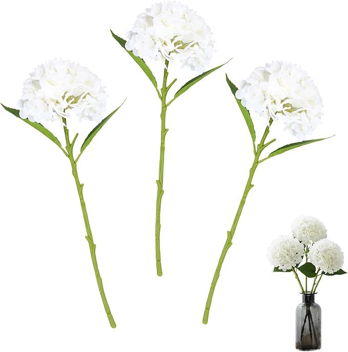 3 Pcs White Hydrangea Artificial Flowers, 19 inch faux hydrangea Flowers Real Touch Flowers, Long Stem Artificial Flower for Tall Vase Home Wedding Bouquets Centerpieces Party Living Room Decoration