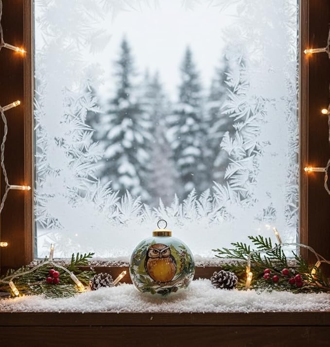 Glass Owl Ornament – Woodland Forest Bird Collectible with Evergreen Tree – Winter Wildlife Christmas Decoration – Unique Owl Gift for Nature Lovers – 3” Reverse-Painted Ornament with Gift Box