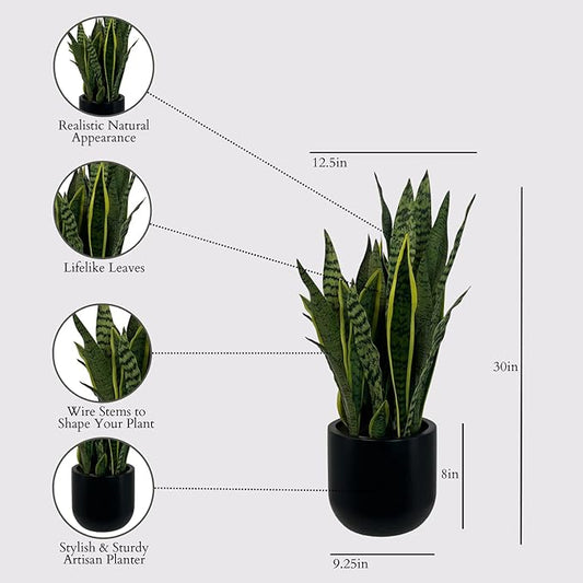 CG Hunter Faux Snake Plant, Premium Artificial Indoor Plant Stands 30” Tall and Enhances Interior Design, Lifelike-Leaves Create Realistic Natural Appearance, Black Planter Pot Included
