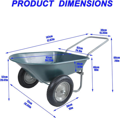 Dual Wheel Wheelbarrow, Heavy Duty Garden Cart, 300 lbs Capacity Utility Cart with Two 15 inches Pneumatic Tires for Outdoor Lawn Yard Farm Ranch (Green)