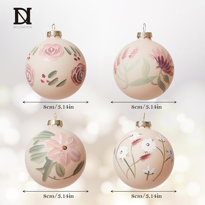 DN DECONATION Christmas Ball Hanging Ornaments Set of 4 – 3.14” Pink Glass Balls Hand-Painted with Flowers and Green Leaves, Elegant Christmas Decorations for Tree, Holiday Decor & Wedding