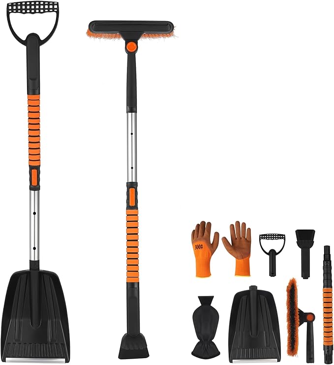 4 in 1 Snow Brush for Car, 33"-42" Ice Scrapers with Foam Grip Car Warm Gloves Snow Shovel and Working Gloves, Winter Windshield Extendable Car Cleaner Tool Accessories