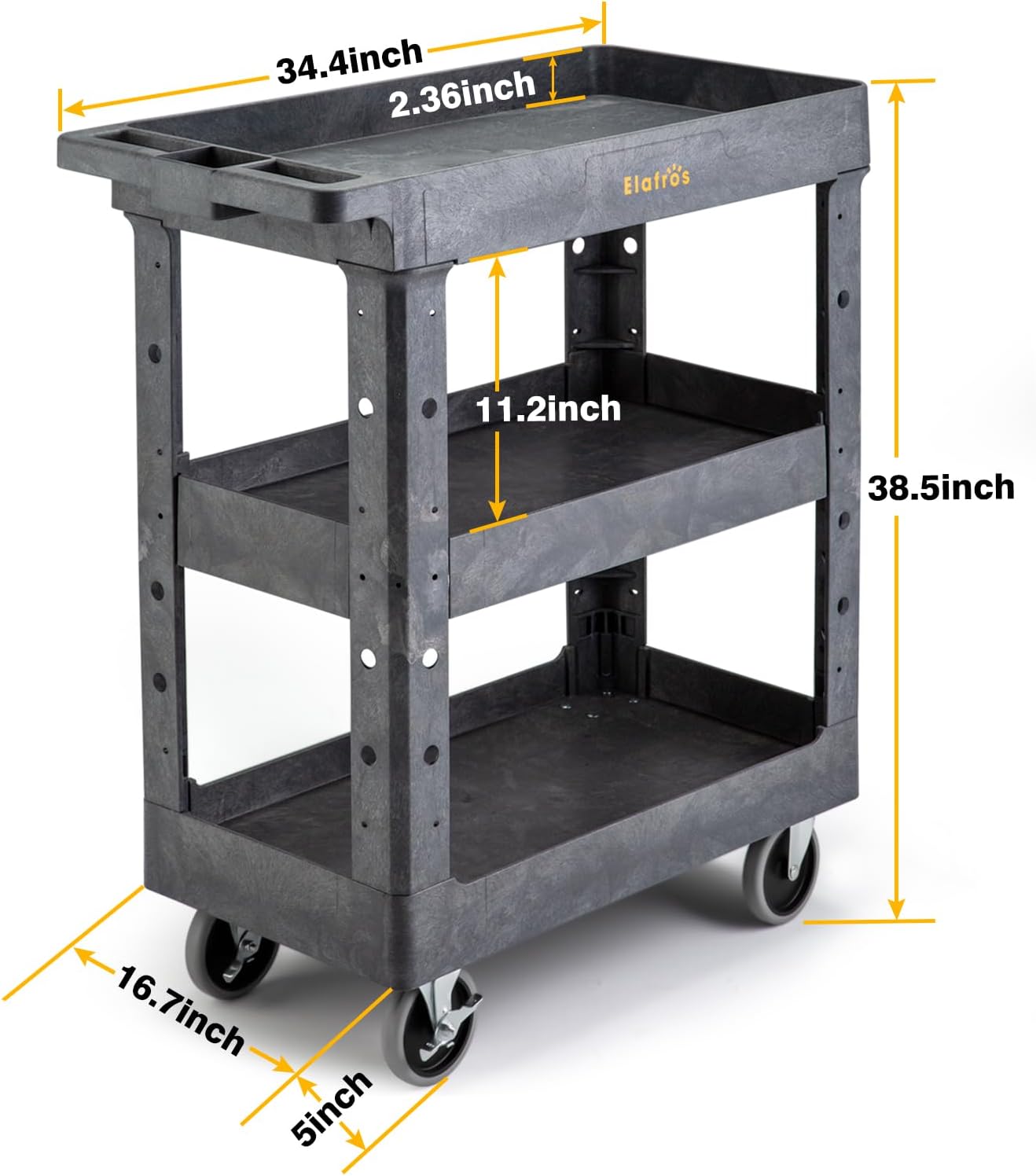 ELAFROS 3 Shelf Heavy Duty Plastic Utility Cart 34 x 17 x 38.5 Inch - Work Cart with Full Swivel Wheels Deep Shelves and Safely Holds up to 550 lbs - 3 Tier Service Cart Tool cart, Gray