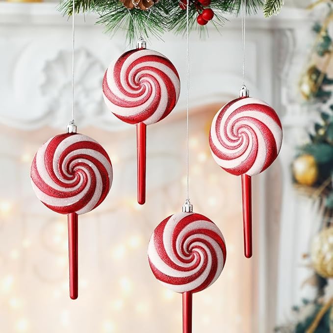 Christmas Lollipop Ornaments Glitter Hanging Lollipop Ornaments, 7.5inch Red White Lollipop,Threaded Shaped Lollipop for Xmas Tree Holiday Party Home Decor