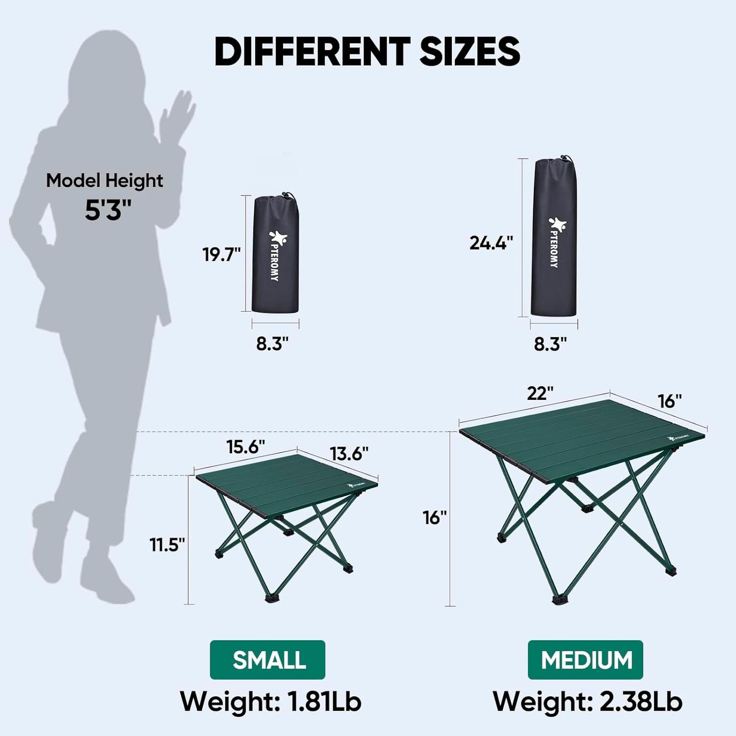 PTEROMY Small Folding Camping Table, Portable Beach Table with Ultralight Aluminum Tabletop for Travel, Outdoor, Camping, Picnics, and BBQs (Green)
