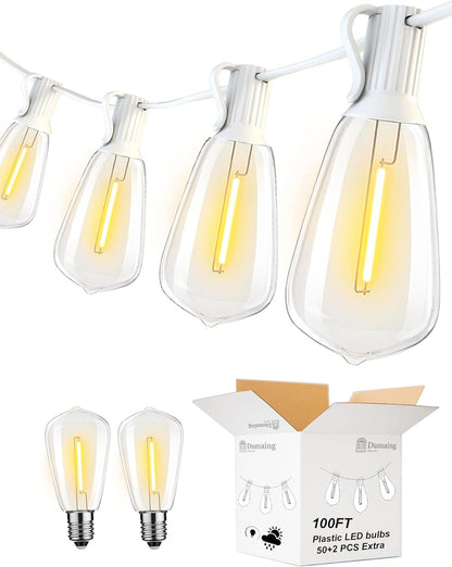 DAMAING LED Outdoor String Lights 100FT Patio Lights with 52 Shatterproof Edison Bulbs,Dimmable Hanging Lights,Waterproof String Lights for Outside Wedding,Bistro,Porch,Backyard,2200K