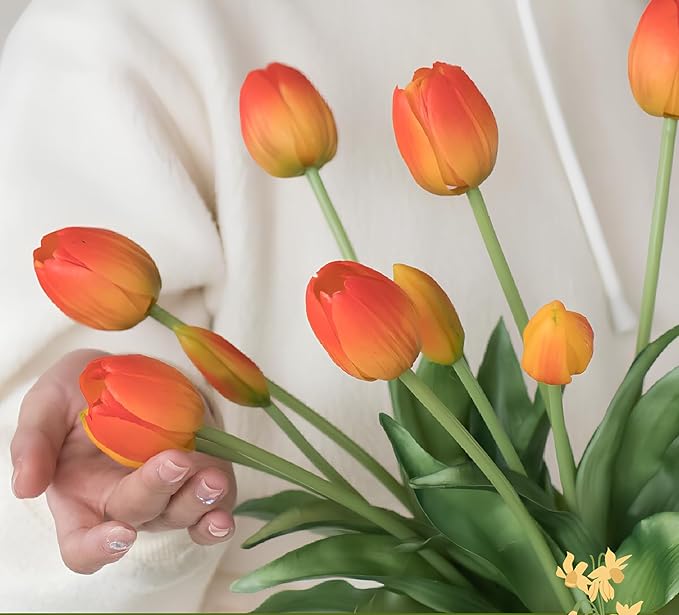 15 Pcs Orange Tulips Artificial Flowers Faux Tulips Real Touch Latex Fake Flower Bouquet for Spring Wedding Home Décor Centerpiece Arrangements