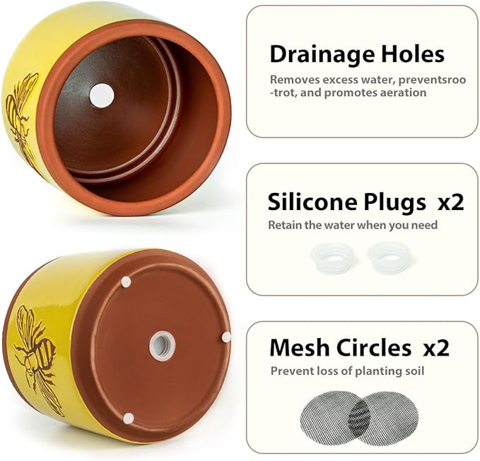 YBX Terracotta Pots Inch with Drainage Holes, Bee Decor, Ceramic Pots for Indoor Plants Flower Pots Outdoor, Succulent, Herbs, Snake Plants (Yellow, 6+4 Inch)