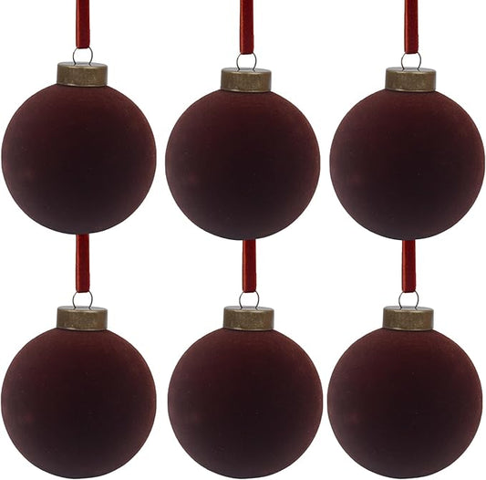 6 Pcs Velvet Christmas Balls Bulk Shatterproof Plastic Christmas Tree Decorations for Decorative Hanging Baubles (6, Coffee, 3.94Inch)