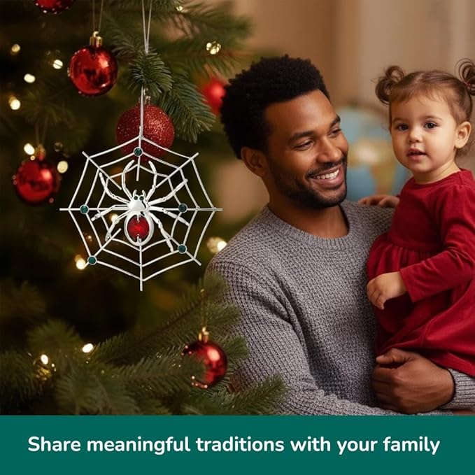 Matashi Silver Plated Christmas Tree Spider Ornament w Red, Green Crystals Lucky Hanging Decoration, Holiday Ornament Gift, Unique Spider Decor for Christmas & Halloween Party w Tinsel Legend Story