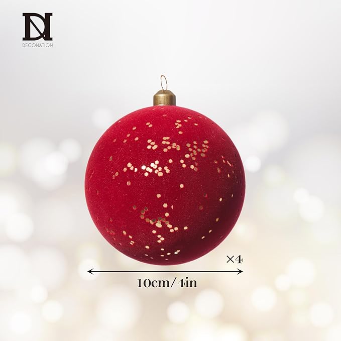 DN DECONATION 4PCS Christmas Ball Ornaments, Shatterproof Red Balls Ornaments for Christmas Tree, 4” Velvet Plastic Decorations with Ribbons, Farmhouse Holiday Decor Xmas Gifts Winter