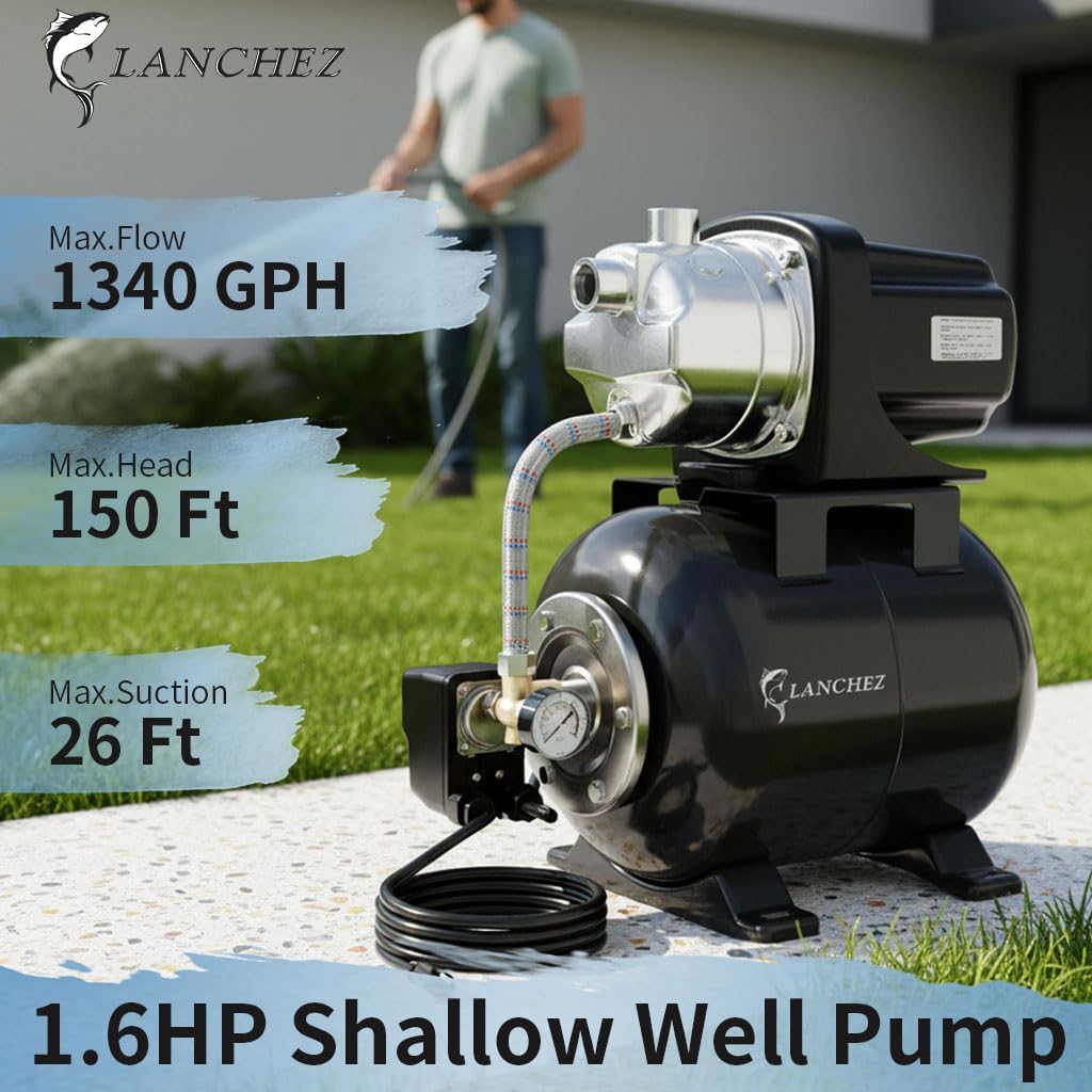 LANCHEZ 1.6HP Shallow Well Pump with Pressure Tank, 1340GPH Automatic Irrigation Water Booster Jet Pump, 115V Stainless Steel Water Transfer Pump for Home Garden Lawn Sprinkler Irrigation